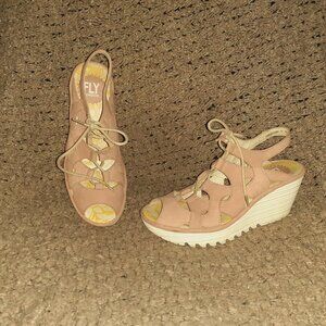 FLY LONDON-YEXA-Blush/Light Pink-Lace-Up Wedge Sandals-Sz 36-Excellent